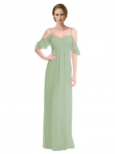 Buy Long Chiffon Off-The-Shoulder Bridesmaid Dress with Double Flounce Sleeves UK