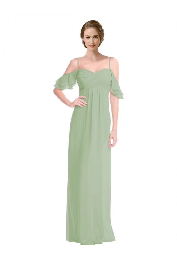 Buy Long Chiffon Off-The-Shoulder Bridesmaid Dress with Double Flounce Sleeves UK