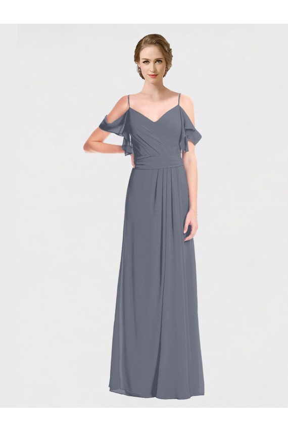 Buy Long Chiffon Spaghetti Strap V-Neck Bridesmaid Dress with Off-The-Shoulder Flutter Sleeves UK