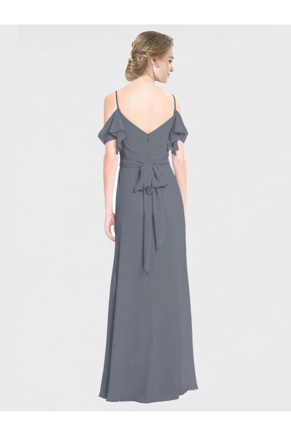 Buy Long Chiffon Spaghetti Strap V-Neck Bridesmaid Dress with Off-The-Shoulder Flutter Sleeves UK