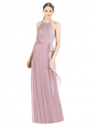 Buy Shirred Halter Neck Long Chiffon Bridesmaid Dress UK