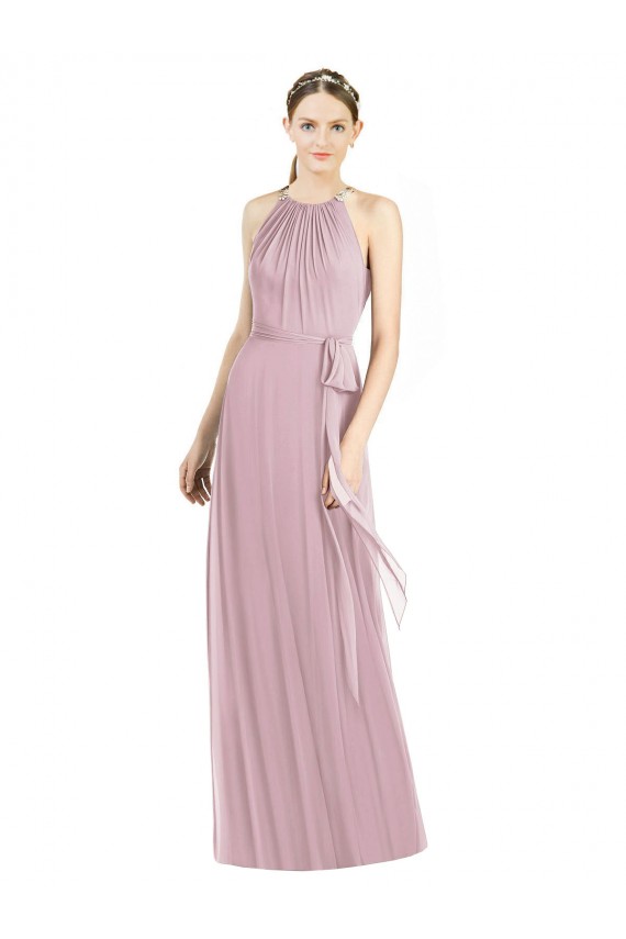 Buy Shirred Halter Neck Long Chiffon Bridesmaid Dress UK