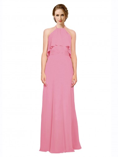 Buy Ruffle Halter Neck A-Line Chiffon Bridesmaid Dress with Open Back UK