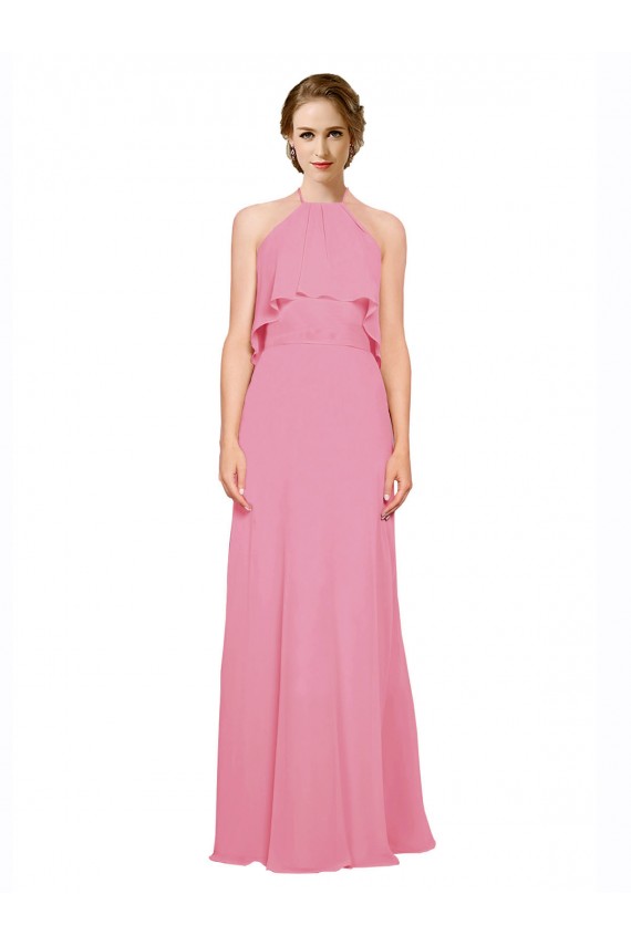 Buy Ruffle Halter Neck A-Line Chiffon Bridesmaid Dress with Open Back UK