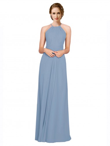 Buy Pleated Halter Neckline A-Line Chiffon Bridesmaid with Criss Cross Back UK