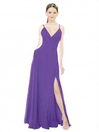 Buy Long Chiffon A-Line Bridesmaid Dress with Deep V-Neckline and Side Slit UK
