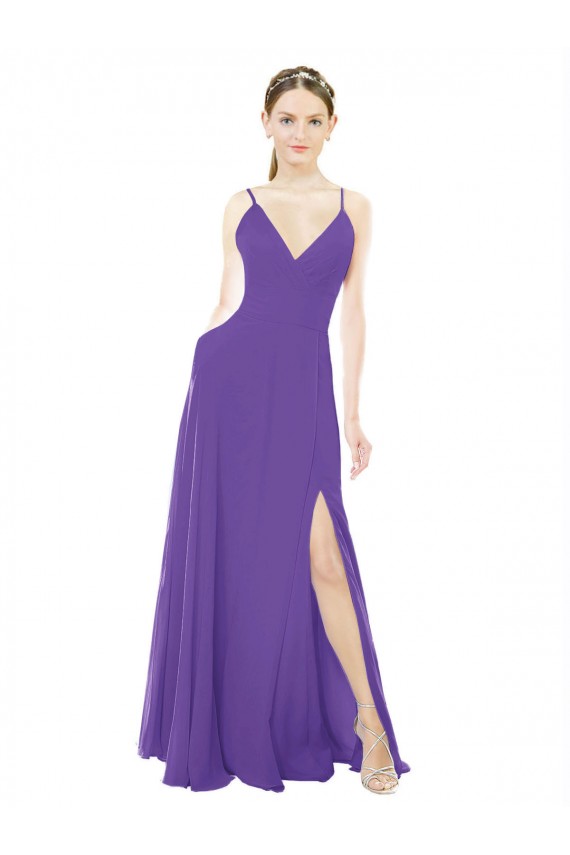 Buy Long Chiffon A-Line Bridesmaid Dress with Deep V-Neckline and Side Slit UK