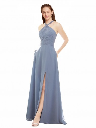 Buy High Neck Chiffon Bridesmaid Dress with Draped Bodice UK