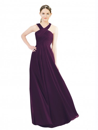 Buy Draped Long Chiffon Bridesmaid Dress with Unique Crossed Neckline UK
