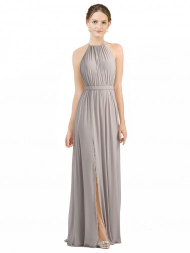 Buy Backless Halter Chiffon Bridesmaid Dress with Front Slit and Tie Open Back UK