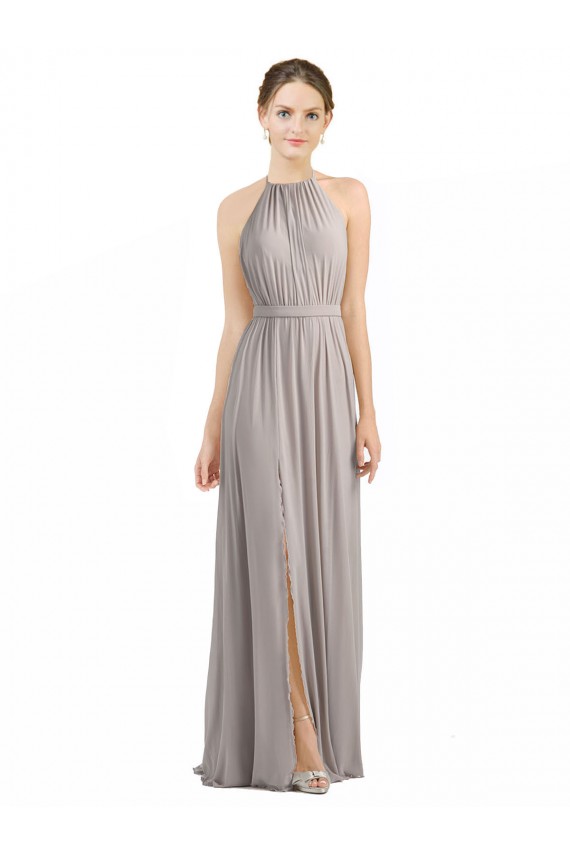 Buy Backless Halter Chiffon Bridesmaid Dress with Front Slit and Tie Open Back UK