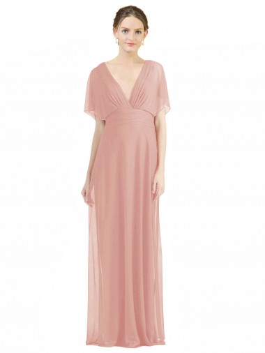 Buy Draped Short Sleeves Long Chiffon A-Line Bridesmaid Dress UK
