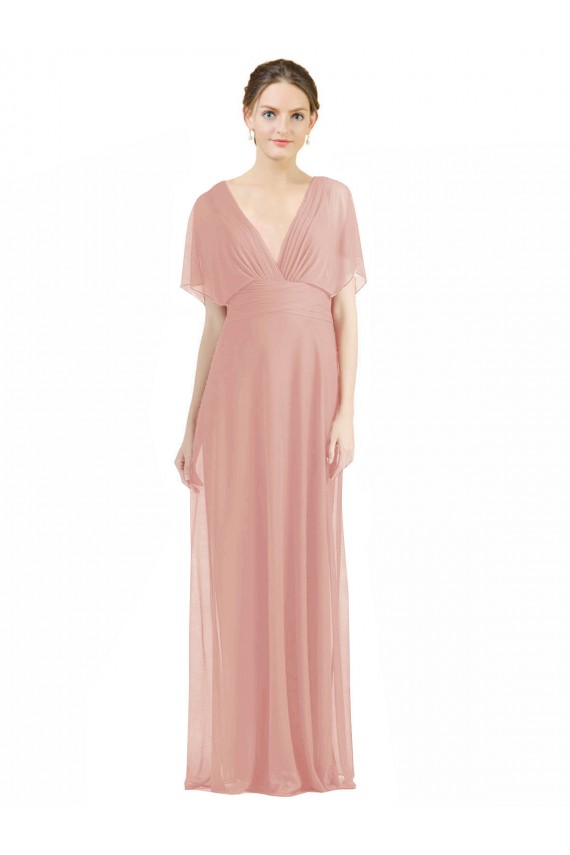 Buy Draped Short Sleeves Long Chiffon A-Line Bridesmaid Dress UK