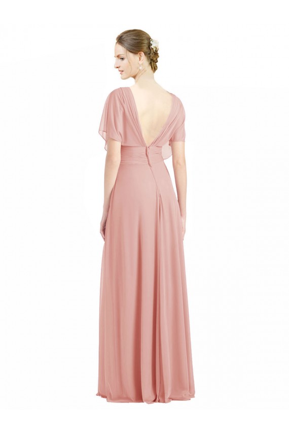 Buy Draped Short Sleeves Long Chiffon A-Line Bridesmaid Dress UK