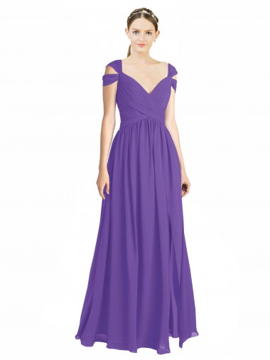 Buy Off the Shoulder Cap Sleeves Chiffon Bridesmaid Dress with Pleats UK