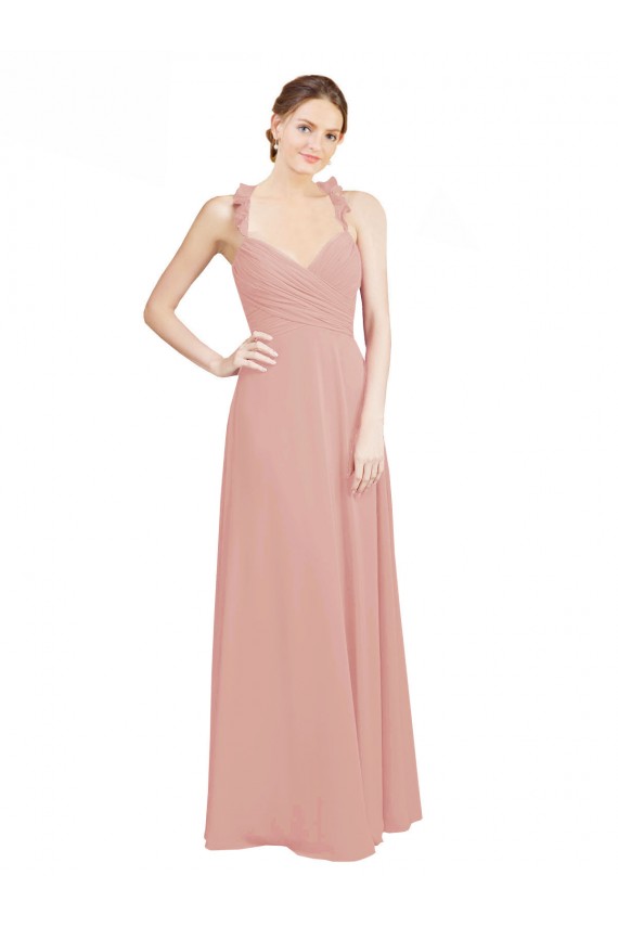 Buy Ruched Sweetheart Halter Neckline Chiffon Bridesmaid Dress with Tie Open Back UK