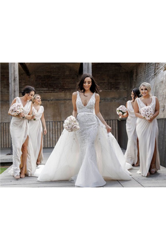 Buy Chiffon Long Champagne Evening Dress with Sexy High Slit and Front Ruffles UK