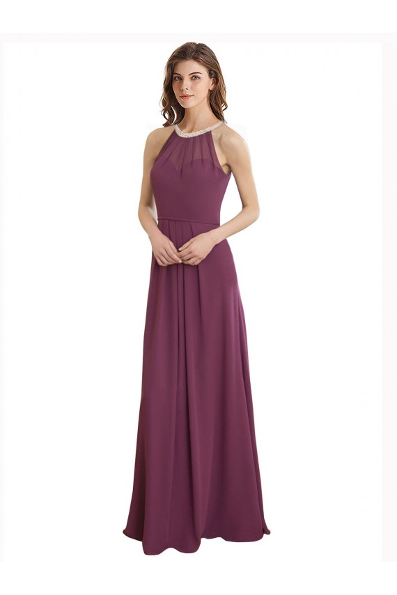 Buy High Neckline Long Chiffon Bridesmaid Dress with Beaded Trim UK