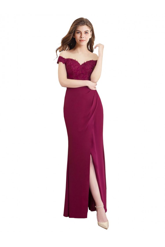 Buy Off the Shoulder Chiffon Bridesmaid Dress with Lace Appliques and Front Slit UK