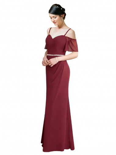Buy Draped Cold Shoulder Long Chiffon Bridesmaid Dress with Spaghetti Straps UK
