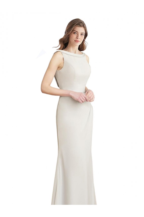 Buy Long Chiffon Bridesmaid Dress with Boat Neckline and Satin Collar UK