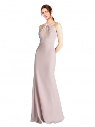Buy Long Slim Chiffon Bridesmaid Dress with Ruffled Waist and Keyhole UK