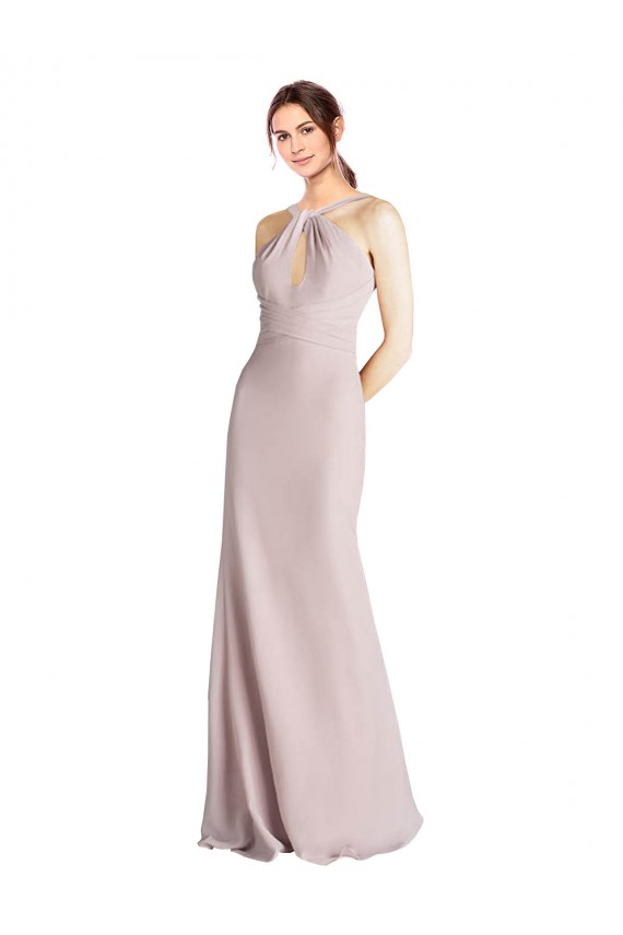 Buy Long Slim Chiffon Bridesmaid Dress with Ruffled Waist and Keyhole UK