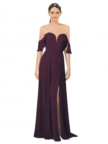 Buy Romantic Off-Shoulder Chiffon Bridesmaid Dress with Plunging V-Neck UK
