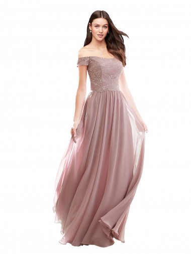 Buy Floor Length Chantilly Lace Off the Shoulder Chiffon Bridesmaid Dress UK