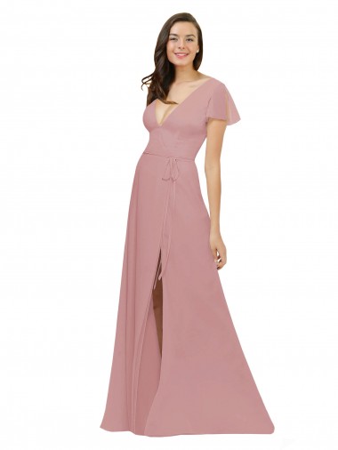 Buy Flutter Sleeves Short Chiffon Bridesmaid Dress with Tie Belt UK