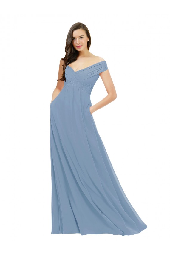 Buy Chiffon Bridesmaid Dress with Classic Off the Shoulder Neckline UK