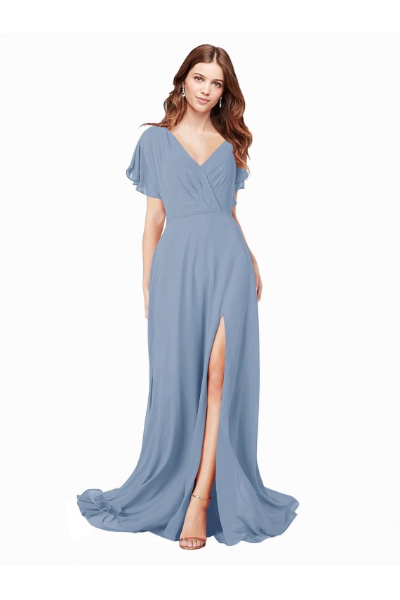 Buy Chiffon Bridesmaid Dress / Prom Dress with Flutter Sleeves and Front Slit UK