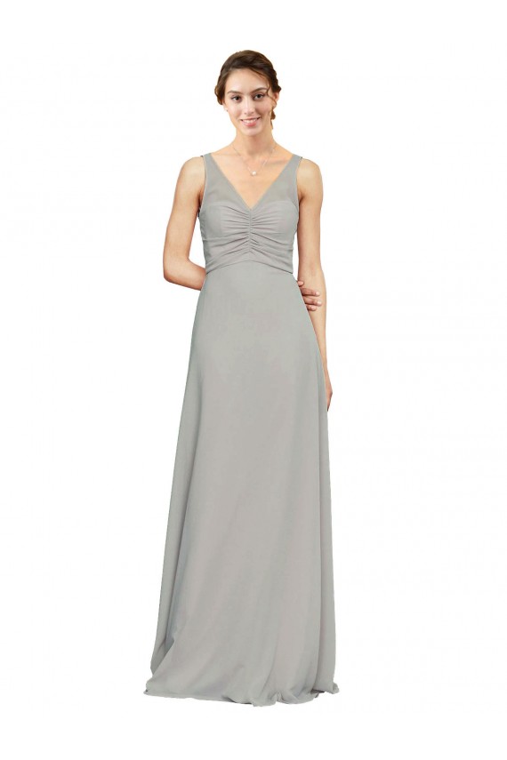 Buy V-Neck Chiffon Bridesmaid Dress with Illusion Gathered Bodice UK