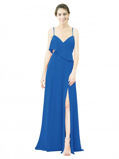Buy Spaghetti Strap Chiffon Bridesmaids Dress with Asymmetrical Ruffle and Front Slit UK