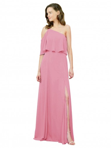 Buy Sleeved One Shoulder Chiffon Bridesmaids Dress with Draped Ruffle Overlay UK