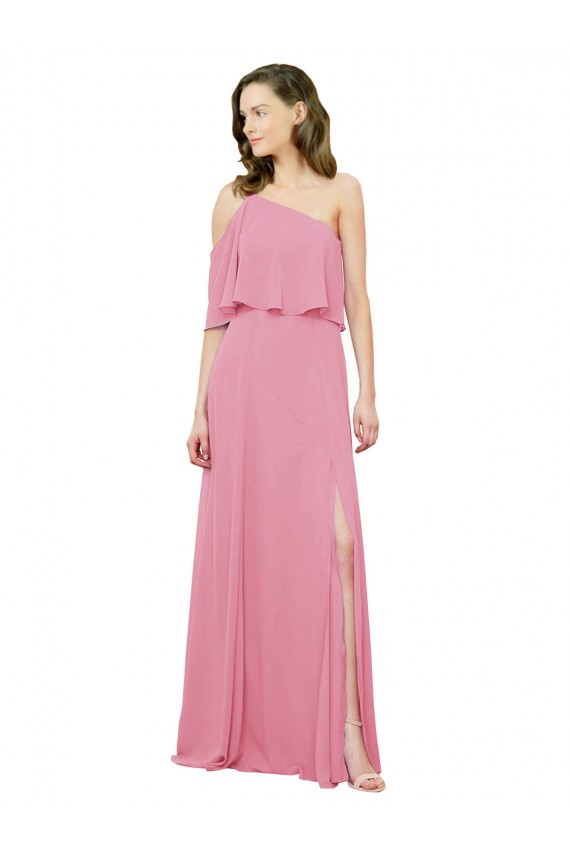 Buy Sleeved One Shoulder Chiffon Bridesmaids Dress with Draped Ruffle Overlay UK