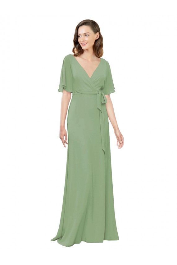Buy Chiffon V-Neckline Wrap Bridesmaids Dress With Double Flutter Sleeve UK