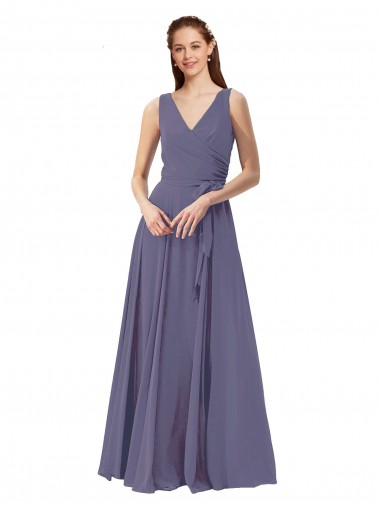 Buy V-Neck Long Draped A-Line Chiffon Bridesmaid Dress UK