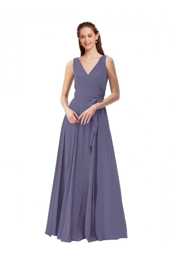 Buy V-Neck Long Draped A-Line Chiffon Bridesmaid Dress UK