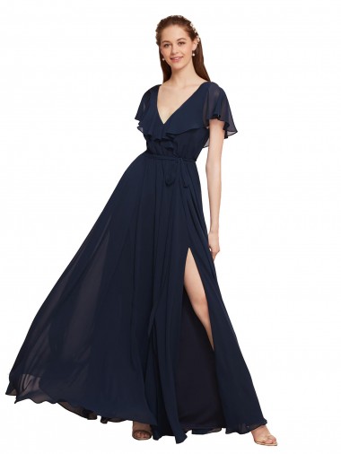 Buy Long V-Neck Chiffon Bridesmaid Dress with Slit and V-Back UK