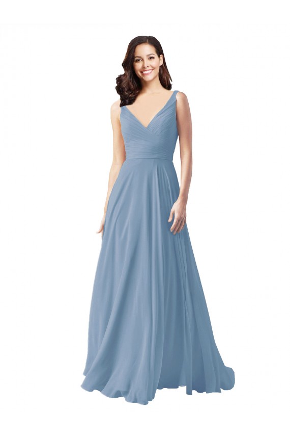 Buy Long Chiffon V-Neck and Self Sash Bridesmaid Dress with Shirred Criss Cross Bodice UK