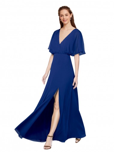 Buy V-Neck Long Chiffon Bridesmaid Dress with Dolman Sleeved Bodice and Slit UK