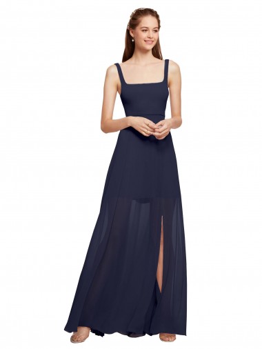 Buy Squre Necked Long Chiffon Bridesmaid Dress with Front Slit UK