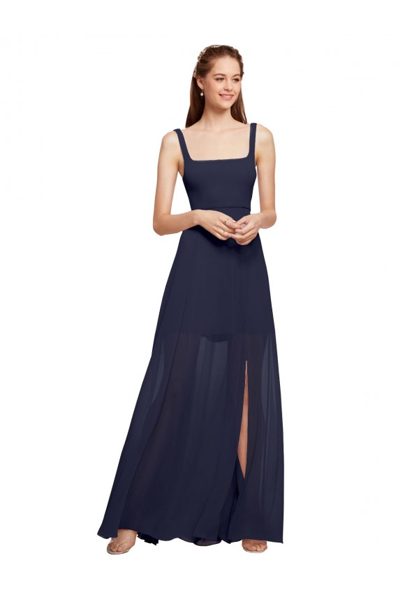 Buy Squre Necked Long Chiffon Bridesmaid Dress with Front Slit UK