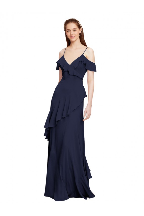 Buy Cascading Ruffles Long Chiffon Bridesmaid Dress with Cold Shoulder UK