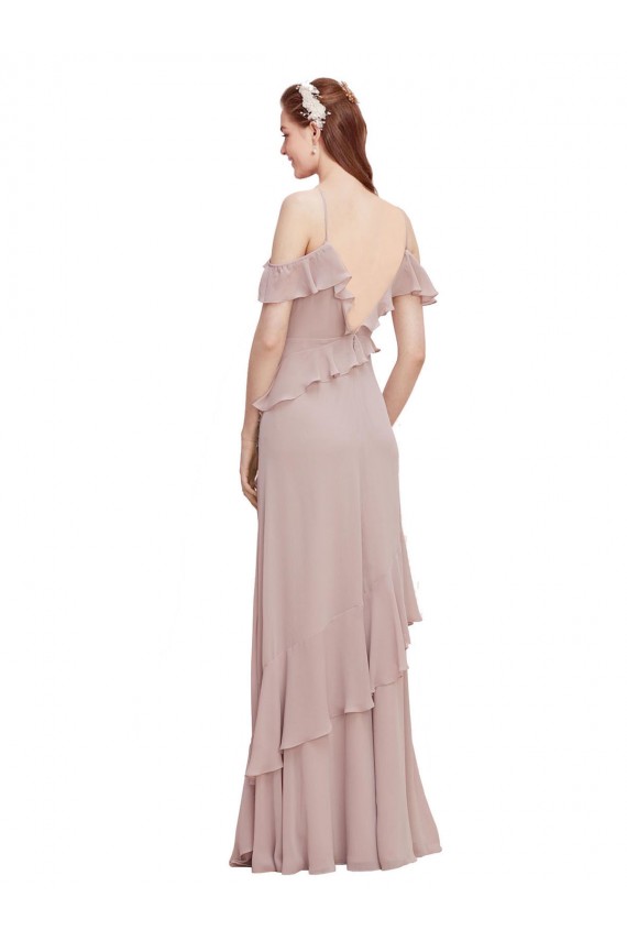 Buy Cascading Ruffles Long Chiffon Bridesmaid Dress with Cold Shoulder UK