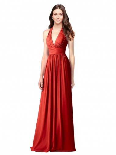 Buy Halter V-Neck A-Line Chiffon Bridesmaid Dress with Shirred Skirt UK
