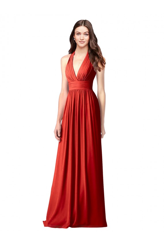 Buy Halter V-Neck A-Line Chiffon Bridesmaid Dress with Shirred Skirt UK
