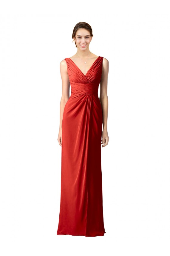 Buy Shirred Long Floor Length Chiffon Bridesmaid Dress with V-Back UK