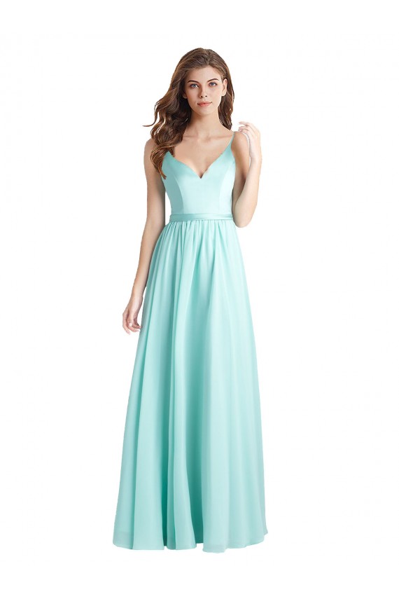 Buy Long V-Neck Chiffon Bridesmaid Dress with Satin Bodice UK